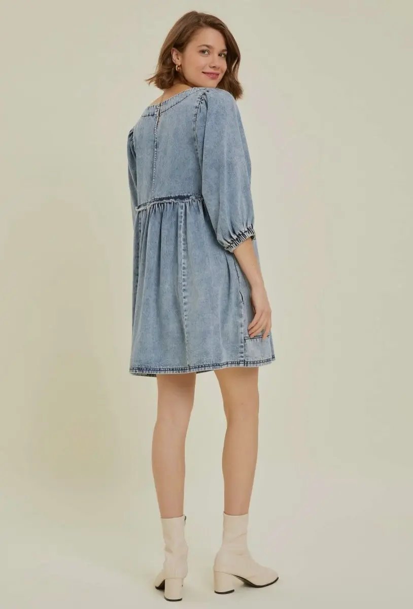 Cutout Round Neck Balloon Sleeve Denim Dress - Love Salve